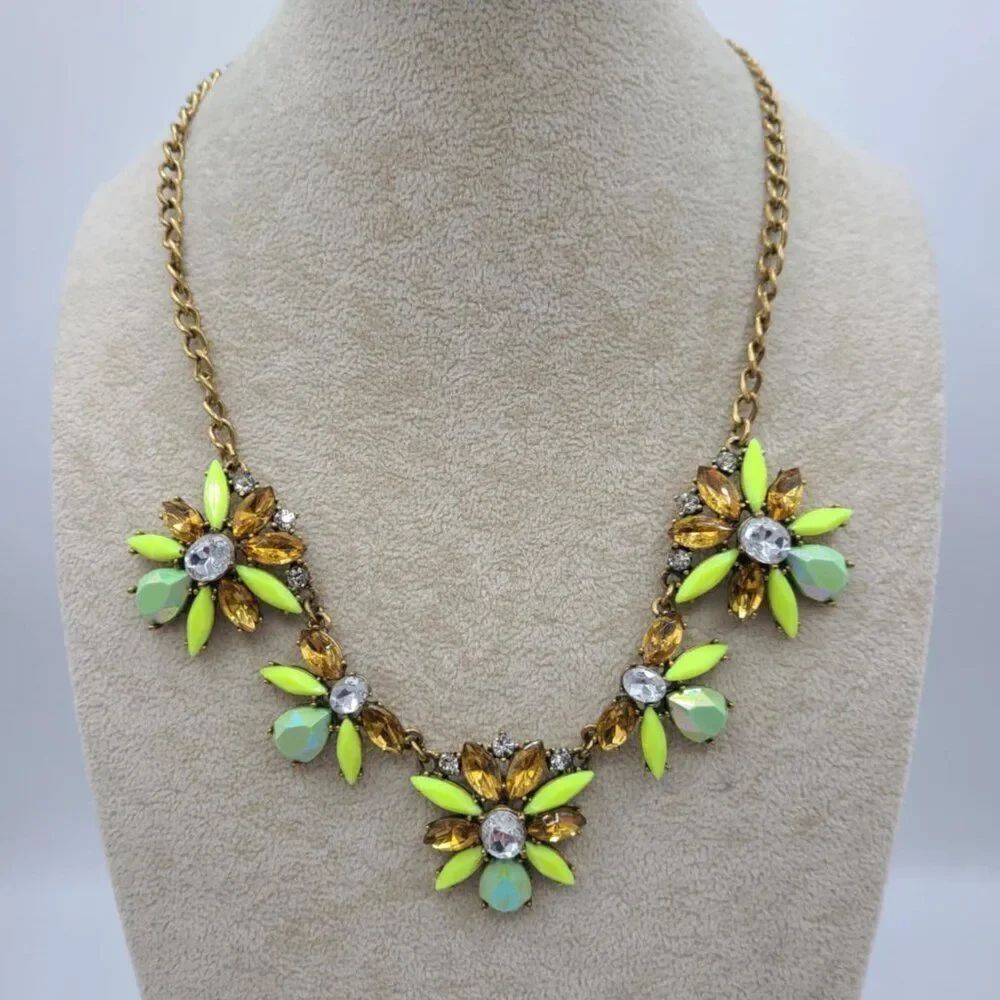 J Crew Green Gold Crystal Resin Statement Necklace